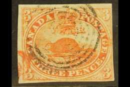 1851 3d Orange-vermilion Beaver On Laid Paper, SG 1a, Four Clear To Good Margins, Neat Target Cancel. For More... - Sonstige & Ohne Zuordnung