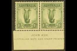 1937-49 1s Grey-green Lyrebird Perf 13½x14, SG 174, Never Hinged Mint Marginal 'John Ash' IMPRINT PAIR,... - Other & Unclassified