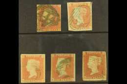 1841 1d Reds, Five Examples With Clear GREEN 1844 Type Cancels Incl. "444", "628", The Other Three Indistinct, One... - Other & Unclassified