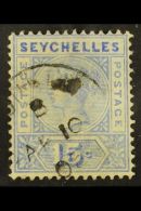 1897-1900 15c Ultramarine, Repaired "S", SG 30, Fine Cds Used. For More Images, Please Visit... - Seychelles (...-1976)