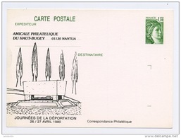 FRANCE - ENTIER TYPE SABINE1,10 VERT REPIQUÉ (JOURNÉES DE LA DÉPORTATION 26/27 AVRIL 1980 - NANTUA) N° YT 2058-CP1 - Cartes Postales Repiquages (avant 1995)