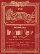 Etiquette Domaine De Grande Vigne 1986   Bergerac  Ets A Grenouilleau Ste Foy La Grande 33 (sta) - Bergerac