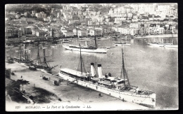 CPA ANCIENNE MONACO- PORT DE LA CONDAMINE- PAQUEBOT TRES GROS PLAN- VOILIERS- YACHTS- ANIMATION DU QUAI- 2 SCANS - La Condamine