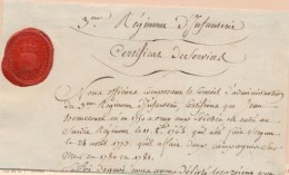 Certificat De Service Du 3ème Régt D'Infanterie - Au Neuf-Brisach - 25/8/1791 - Superbe Cachet De Cire Rge - Cartas & Documentos