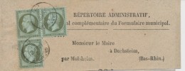 N°19 - Bloc De 3 - S/BJ Répertoire Administratif - Obl. Càd Grenoble - Sept 1863 - Pr Molsheim - Pr M. - 1849-1876: Période Classique