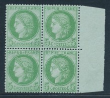 N°53 - 5c Vert Jaune S/azuré - Bloc De 4 - Signé Margue - TB - 1871-1875 Ceres