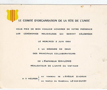 Fête De L'Unité, 1954. A Lea Mémoire De 2 Principaux  Collaborateurs De L'Empereur Gia-Long - Documenti