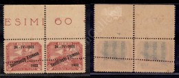 1922 - 60 Cent (184x/xb) In Coppia Orizzontale Bordo Foglio Con Doppia Dentellatura Verticale Al Centro E... - Autres & Non Classés