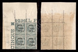 1919 - 5 Heller Su 5 Cent (30a) In Quartina Angolo Di Foglio Con Soprastampe Capovolte E Numero Di Tavola - Gomma... - Sonstige & Ohne Zuordnung