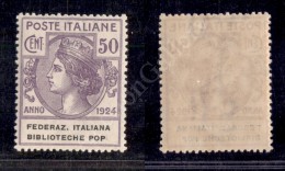 1924 - 50 Cent Federaz. Italiana Biblioteche (36b - Enti Parastatali) Senza Punto Dopo Pop - Gomma Integra -... - Otros & Sin Clasificación