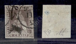 1851 - 9 Crazie Bruno Violaceo Grigio (8 - Carta Azzurro Grigia) Grandi Margini Con Due Vicini Ai Lati (425+++) - Other & Unclassified