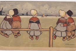 Carte Illustrée Par Ethel Parkinson - Enfants Assis Sur Une Rambarde Face à L'océan, Moulins Au Fond - Pas Circ - Parkinson, Ethel