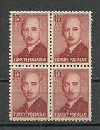 Turkey; 1948 London Printing Inonu Postage Stamp 0.25 K. (Block Of 4) - Neufs