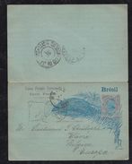 Brazil Brasil 1897 BP 52 80R Stationery Answer/reply Card NATIVIDADE DE CARANGOLA To WAVRE Belgium - Storia Postale