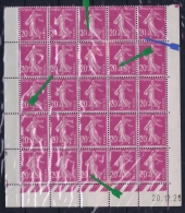 France : Yv  190 190 F Block De 25, 6 Exemplaires Sans Le C De 20 C  Rare Et Superbe Avec Coin Date MNH/** - 1906-38 Säerin, Untergrund Glatt