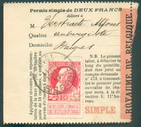 N°74 - 10 Centime Rose GROSSE BARBE Obl. Sc BRUGES Sur PERMIS DE PECHE ((VIS) Du 14 Févrirt 1910 - 12016 - 1905 Grosse Barbe