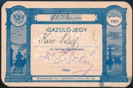 1927 Magyar Vasútl és Hajózási Klub Igazolvány - Unclassified