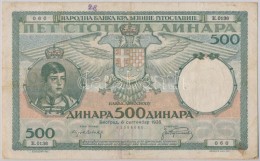 Jugoszlávia 1935. 500D T:III Fo.
Yugoslavia 1935. 500 Dinara C:F Spotted - Non Classés
