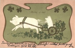 T2/T3 Boldog Újévet! / New Year Greeting Card, Pig Riding Pig Cart. Floral Art Nouveau Emb. Litho... - Unclassified