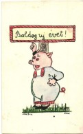 ** Boldog Újévet! / Pig, Hand-drawn Custom Made Postcard S: Szászy - Non Classés