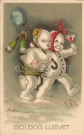 ** T1/T2 Boldog új évet! / New Year, Snowmen; Pittius Postcard, Litho  S: Georg Hülsse - Ohne Zuordnung