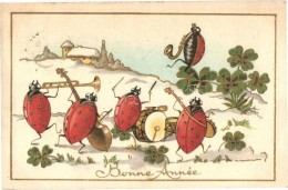 T2 Bonne Année / Ladybird Bug Music Band, New Year Greeting Art Postcard - Ohne Zuordnung