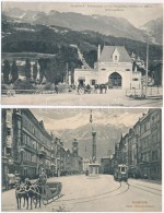 Innsbruck - 2 Pre-1945 Town-view Postcards; Cable Railway Station, Winter Street View With Tram And Horse Sled - Unclassified
