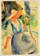 Ducsay Béla (1893-1967): Kalapos NÅ‘, Akvarell, Papír, Jelzett, 43×30,5 Cm - Altri & Non Classificati