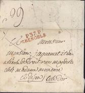 Isère Lettre 7 Juin 1800 Marque Postale P37P Grenoble Rouge 31x9 Mathieu Cote I7 35 Euros Taxe Au Dos 60ct - 1701-1800: Precursors XVIII