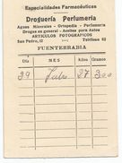 Ancien Ticket Especialidades Farmaceuticas, Drogueria, Perfumeria Etc à FUNETERRABIA - Espagne
