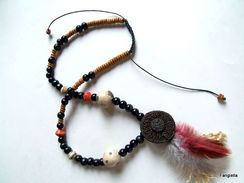 Collier Ethnique Accessoires Vintage Bouton Pompon Plumes Perles Céramique Artisanales - Necklaces/Chains