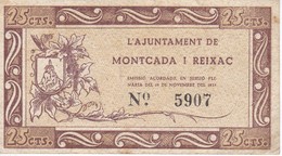 BILLETE DE 25 CENTIMOS DEL AJUNTAMENT DE MONTCADA I REIXAC DEL AÑO 1937 - Sonstige & Ohne Zuordnung