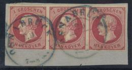 Hannover, Mi.Nr.14(3), 1859, 1 Gr Rotkarmin, Waager. Dreierstreifen, U.l. Angeschnitten, Sonst Vollr., Bfst. Mit K2 Osna - Sonstige & Ohne Zuordnung