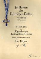 WK II Orden Ehrenkreuz Der Deutschen Mutter 3. Stufe Mit Verleihungsurkunde I-II - War 1939-45