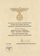 WK II Ehrenurkunde Heldentod Unterschrift Henrich Oberst U. Regiments Kommandeur II - Weltkrieg 1939-45