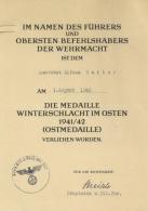 Verleihungsurkunde Die Medaille Winterschlacht Im Osten 1941/42 Ostmedaille II - Weltkrieg 1939-45