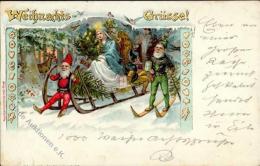 Weihnachtsmann Zwerg Weihnachtsmann Schlitten Engel Winterlithographie 1897 II (Stauchung) Pere Noel Lutin Ange - Other & Unclassified