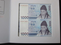 1000 Won Banknote, Uncut Sheet With Two Banknotes,in Folder - Korea (Süd-)