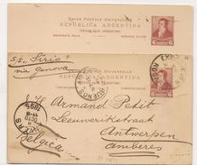 ARGENTINA -1895 ENTIRE CARD From ROSARIO To ANTWERPEN Via BUENOS AIRES Per SS LIRIO Via GENOA Attached UNUSED Reply Card - Entiers Postaux