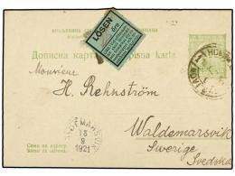 YUGOSLAVIA. 1921. NOVI SAD A SUECIA. Entero Postal De 15 L. Verde Amarillo, Tasado A La Llegada Con Etiqueta... - Otros & Sin Clasificación