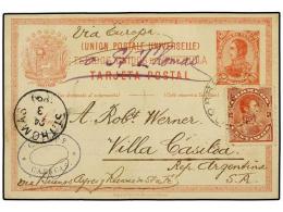 VENEZUELA. 1899. CARACAS A ARGENTINA. Entero Postal De 10 Cts. Rojo Con Franqueo Adicional De 5 Cts.... - Other & Unclassified