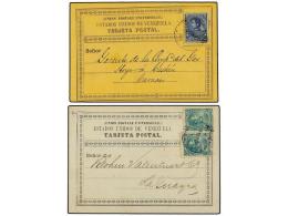 VENEZUELA. 1885-86. Dos Tarjetas Postales Oficiales Con Fanqueo De 5 Ctvos. Azul Y 5 Ctvos. Verde (2)... - Other & Unclassified