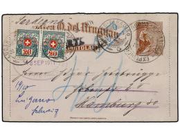 URUGUAY. 1911. MONTEVIDEO A ALEMANIA. Entero Postal De 3 Cts. Castaño Reexpedido A LUGANO (Suiza)... - Autres & Non Classés