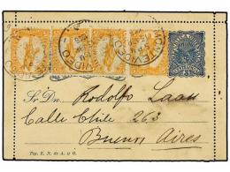 URUGUAY. 1905. MONTEVIDEO A BUENOS AIRES. Entero Postal De 3 Cts. Azul Con Franqueo Adicional De 5... - Otros & Sin Clasificación