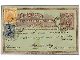 URUGUAY. 1901. MONTEVIDEO A ALEMANIA. Entero Postal De 3 Cts. Lila S. Azul Con Franqueo Adicional De 1... - Autres & Non Classés