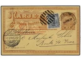 URUGUAY. 1898. MONTEVIDEO A ALEMANIA. Entero Postal De 3 Cts. Castaño Con Franqueo Adicional De 1... - Otros & Sin Clasificación