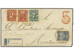 URUGUAY. Sc.75, 77, 80, 82. 1895. RIVERA A MONTEVIDEO. Entero Postal De 5 Cent. Rojo Con Franqueo Adicional... - Other & Unclassified