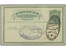 URUGUAY. 1892. MONTEVIDEO. Entero Postal De 2 Cts. Verde S. Azul, Mat. Ovalado Del 4º CENT. DEL... - Autres & Non Classés