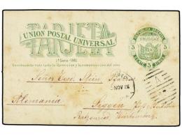 URUGUAY. 1886. MONTEVIDEO A ALEMANIA. Entero Postal De 3 Cts. Verde, Al Dorso Llegada. - Autres & Non Classés