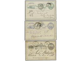 URUGUAY. 1883-84. Tres Enteros Postales De 2 Cts. Negro, 3 Cts. Verde Y 3 Cts. Azul Circulados... - Autres & Non Classés